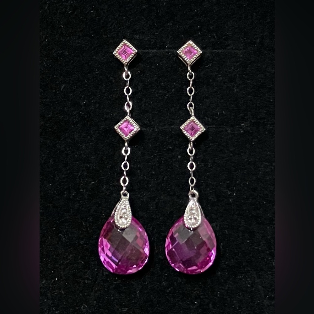 10K White Gold Lab Pink Sapphire Drop Earrings